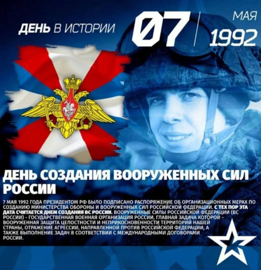ДЕНЬ В ИСТОРИИ 07 МАЯ 1992 ДЕНЬ СОЗДАНИЯ ВООРУЖЕННЫХ СИЛ РОССИИ 7 МАЯ 1992 ГОДА ПРЕЗИДЕНТОМ РФ БЫЛО ПОДПИСАНО РАСПОРЯЖЕНИЕ ОБ ОРГАНИЗАЦИОННЫХ МЕРАХ ПО СОЗДАНИЮ МИНИСТЕРСТВА ОБОРОНЫ И ВООРУЖЕННЫХ СИЛ РОССИЙСКОЙ ФЕДЕРАЦИИ. С ТЕХ ПОР ЭТА ДАТА СЧИТАЕТСЯ ДНЕМ СОЗДАНИЯ ВС РОССИИ. ВООРУЖЕННЫЕ СИЛЫ РОССИЙСКОЙ ФЕДЕРАЦИИ (ВС РОССИИ) - ГОСУДАРСТВЕННАЯ