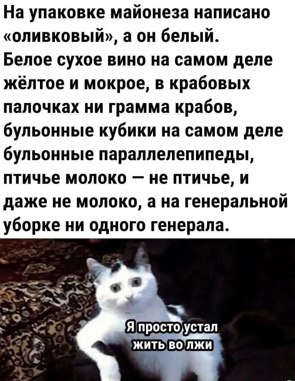 На упаковке майонеза написано «оливковый», а он белый. Белое сухое вино на самом деле жёлтое и мокрое, в крабовых палочках ни грамма крабов, бульонные кубики на самом деле бульонные параллелепипеды, птичье молоко — не птичье, и даже не молоко, а на генеральной уборке ни одного генерала. Я просто устал жить во лжи