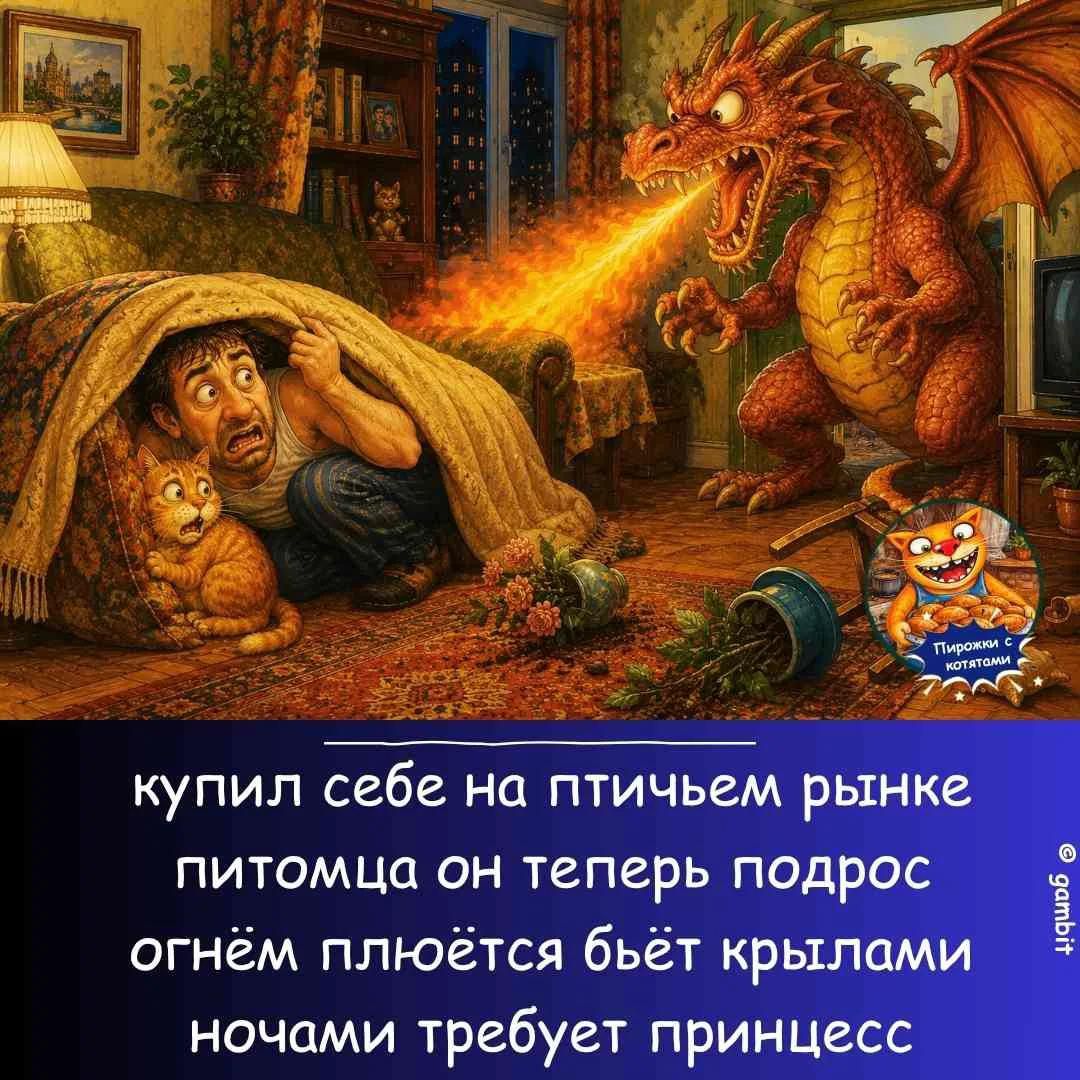 купил себе на птичьем рынке питомца он теперь подрос огнём плюётся бьёт крылами ночами требует принцесс