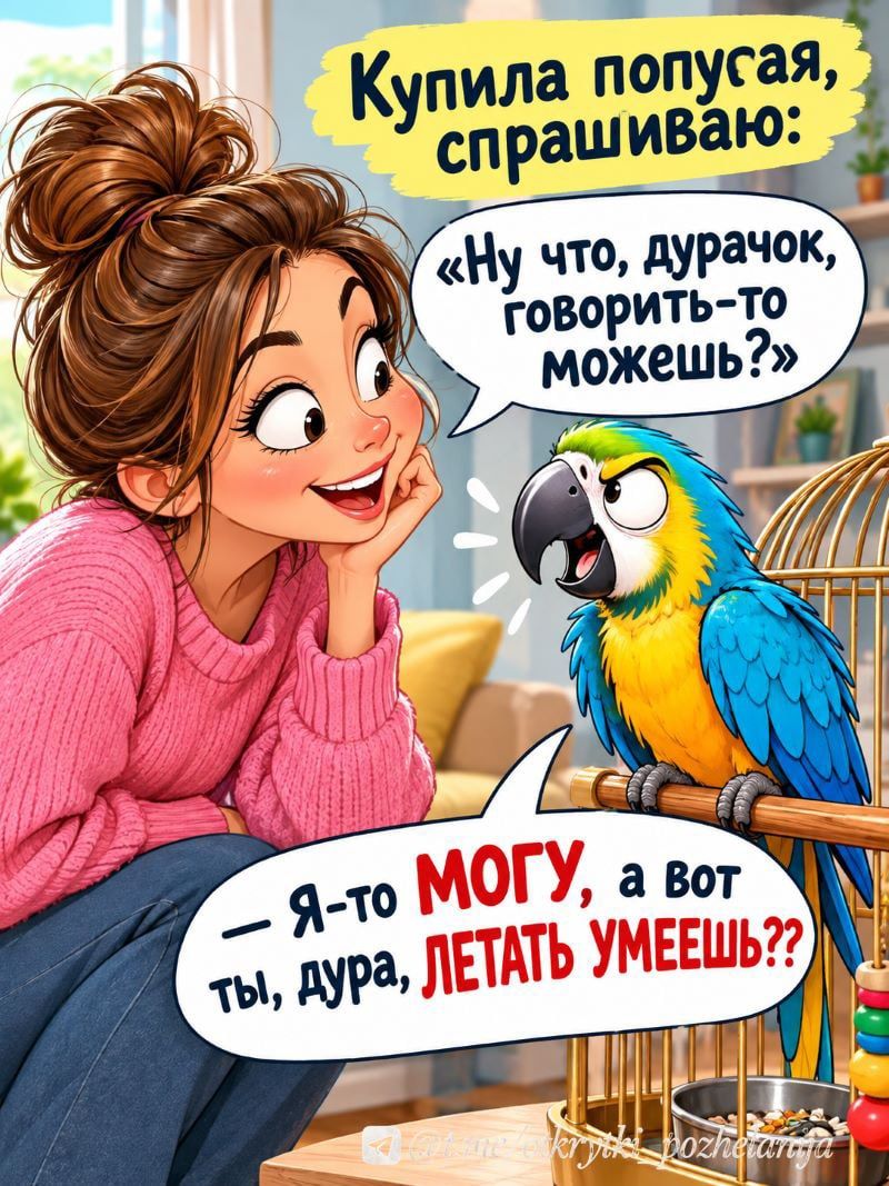 Купила попугая, спрашиваю: «Ну что, дурачок, говорить-то можешь?» — Я-то МОГУ, а вот ты, дура, ЛЕТАТЬ УМЕЕШЬ??