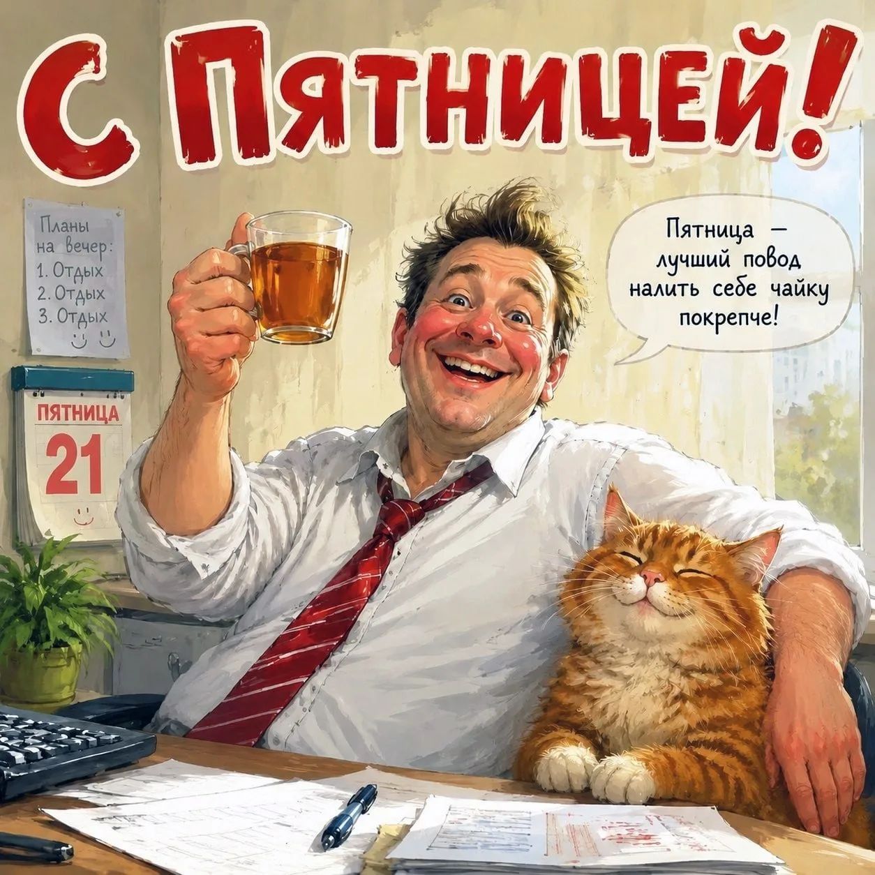 С Пятницей! Планы на вечер: 1. Отдых 2. Отдых 3. Отдых. Пятница — лучший повод налить себе чайку покрепче!