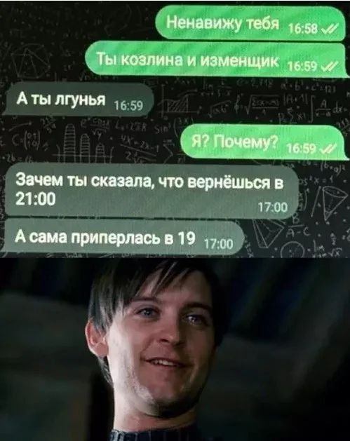 Ненавижу тебя. Ты козлина и изменщик. Я? Почему? А ты лгунья. Зачем ты сказала, что вернёшься в 21:00. А сама приперлась в 19:00.
