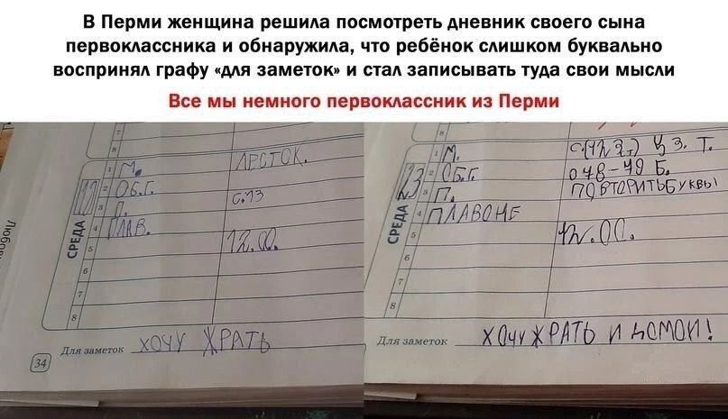 В Перми женщина решила посмотреть дневник своего сына первоклассника и обнаружила, что ребёнок слишком буквально воспринял графу «для заметок» и стал записывать туда свои мысли. Все мы немного первоклассник из Перми. Для заметок ХОЧУ ЖРАТЬ. Для заметок ХОЧУ ЖРАТЬ и ДОМОЙ!