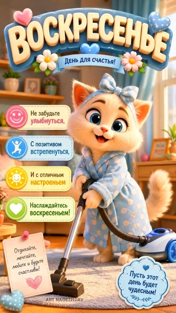 ВОСКРЕСЕНЬЕ День для счастья! Не забудьте улыбнуться, С позитивом встрепенуться, И с отличным настроением Наслаждайтесь воскресеньем! Отдыхайте, мечтайте, любите и будьте счастливы! Пусть этот день будет чудесным! ART NADEZHDAV