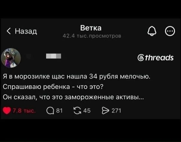 Я в морозилке щас нашла 34 рубля мелочью. Спрашиваю ребенка - что это? Он сказал, что это замороженные активы...
