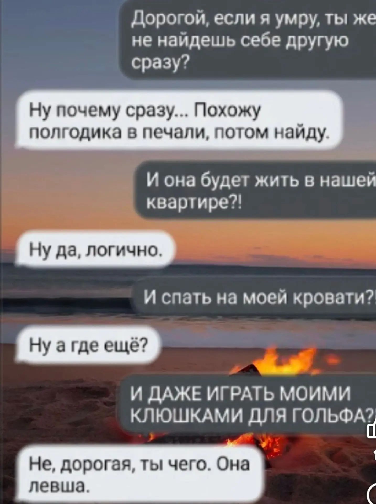 Дорогой, если я умру, ты же не найдешь себе другую сразу? Ну почему сразу... Похожу полгодика в печали, потом найду. И она будет жить в нашей квартире?! Ну да, логично. И спать на моей кровати?! Ну а где ещё? И ДАЖЕ ИГРАТЬ МОИМИ КЛЮШКАМИ ДЛЯ ГОЛЬФА? Не, дорогая, ты чего. Она левша.
