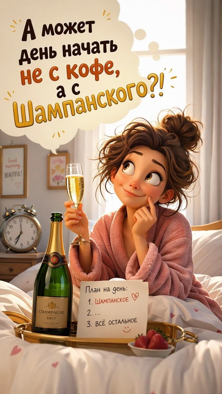 А может день начать не с кофе, а с шампанского?! План на день: 1. Шампанское, 2. ..., 3. ВСЁ ОСТАЛЬНОЕ