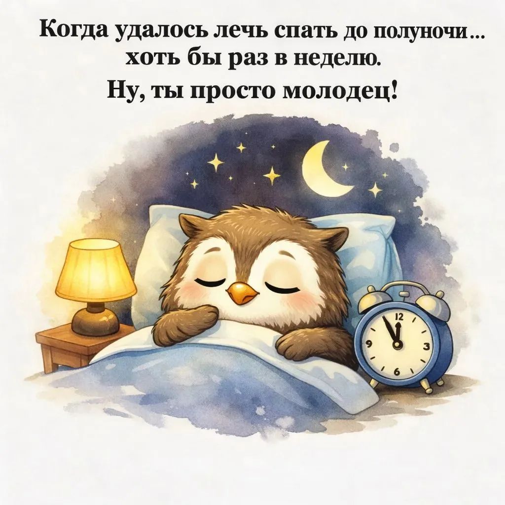 Когда удалось лечь спать до полуночи... хоть бы раз в неделю. Ну, ты просто молодец!