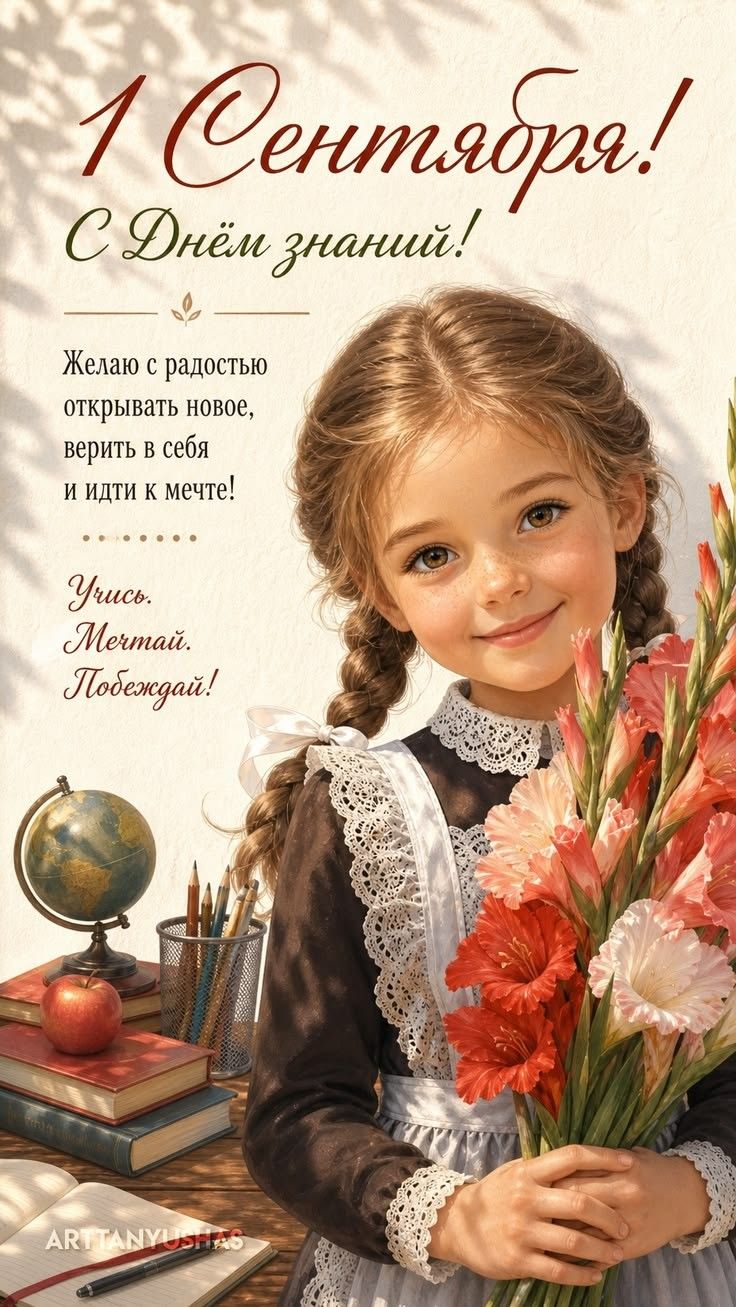 1 Сентября! С Днём знаний! Желаю с радостью открывать новое, верить в себя и идти к мечте! Учись. Мечтай. Побеждай!