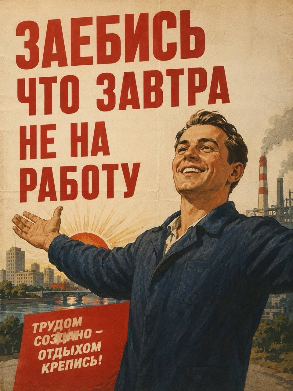 ЗАЕБИСЬ ЧТО ЗАВТРА НЕ НА РАБОТУ ТРУДОМ СОЗДАНО – ОТДЫХОМ КРЕПИСЬ!
