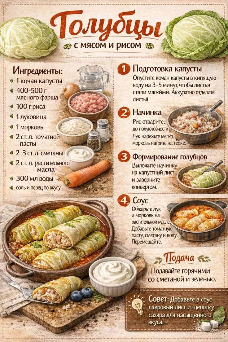 Голубцы с мясом и рисом. Ингредиенты: 1 кочан капусты, 400-500 г мясного фарша, 100 г риса, 1 луковица, 1 морковь, 2 ст. л. томатной пасты, 2-3 ст. л. сметаны, 2 ст. л. растительного масла, 300 мл воды, соль и перец по вкусу. 1. Подготовка капусты: Опустите кочан капусты в кипящую воду на 3-5 минут, чтобы листья стали мягкими. Аккуратно отделите