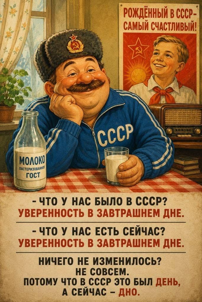 МОЛОКО ПАСТЕРИЗОВАННОЕ ГОСТ. РОЖДЁННЫЙ В СССР - САМЫЙ СЧАСТЛИВЫЙ! СССР. - Что у нас было в СССР? Уверенность в завтрашнем дне. - Что у нас есть сейчас? Уверенность в завтрашнем дне. Ничего не изменилось? Не совсем. Потому что в СССР это был день, а сейчас - дно.