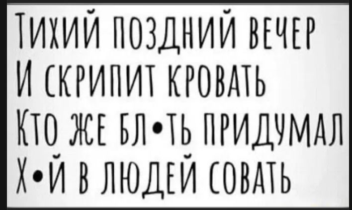 Тихий поздний вечер И скрипит кровать Кто же бл•ть придумал Х•й в людей совать