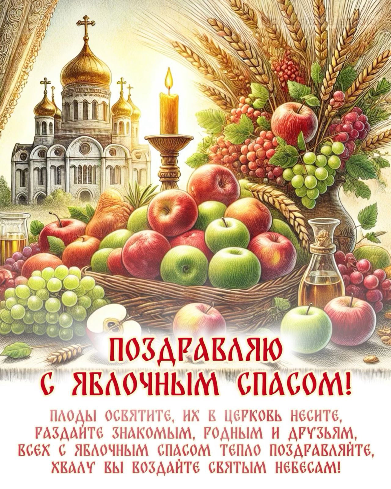 ПОЗДРАВЛЯЮ С ЯБЛОЧНЫМ СПАСОМ! ПЛОДЫ ОСВЯТИТЕ, ИХ В ЦЕРКОВЬ НЕСИТЕ, РАЗДАЙТЕ ЗНАКОМЫМ, РОДНЫМ И ДРУЗЬЯМ, ВСЕХ С ЯБЛОЧНЫМ СПАСОМ ТЕПЛО ПОЗДРАВЛЯЙТЕ, ХВАЛУ ВЫ ВОЗДАЙТЕ СВЯТЫМ НЕБЕСАМ!