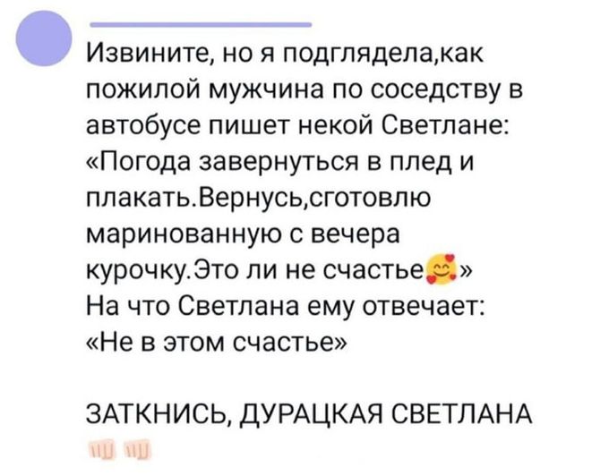 Извините, но я подглядела, как пожилой мужчина по соседству в автобусе пишет некой Светлане: «Погода завернуться в плед и плакать. Вернусь, сготовлю маринованную с вечера курочку. Это ли не счастье 🥰» На что Светлана ему отвечает: «Не в этом счастье» ЗАТКНИСЬ, ДУРАЦКАЯ СВЕТЛАНА 👊 👊