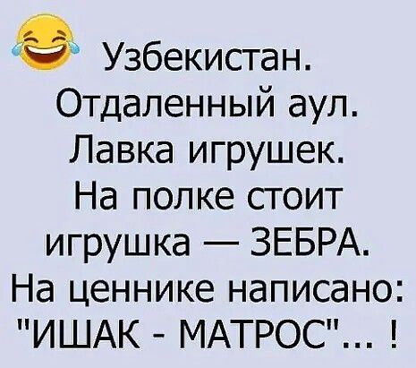Узбекистан. Отдаленный аул. Лавка игрушек. На полке стоит игрушка — ЗЕБРА. На ценнике написано: 