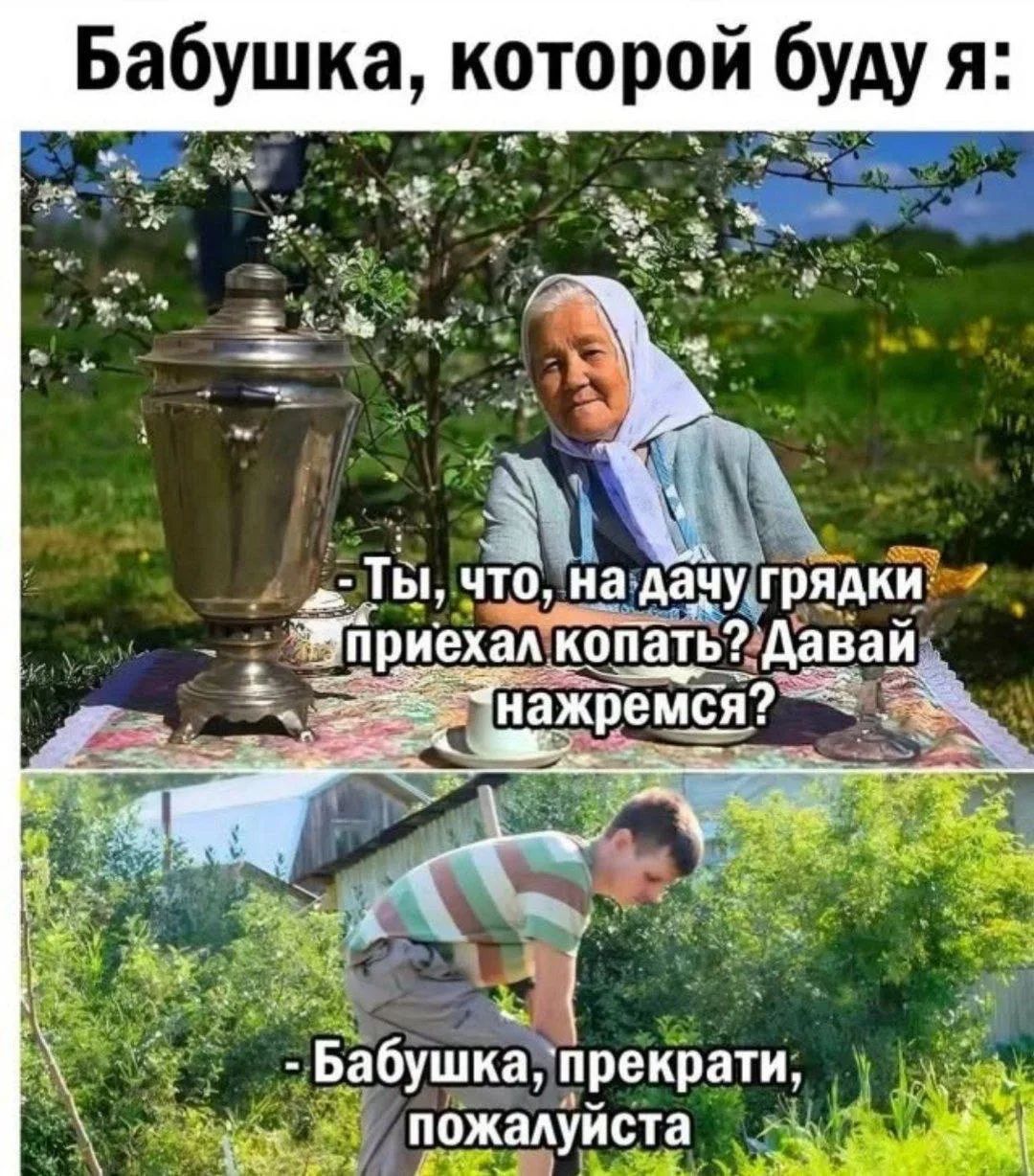 Бабушка, которой буду я: Ты, что, на дачу грядки приехал копать? Давай нажремся? Бабушка, прекрати, пожалуйста