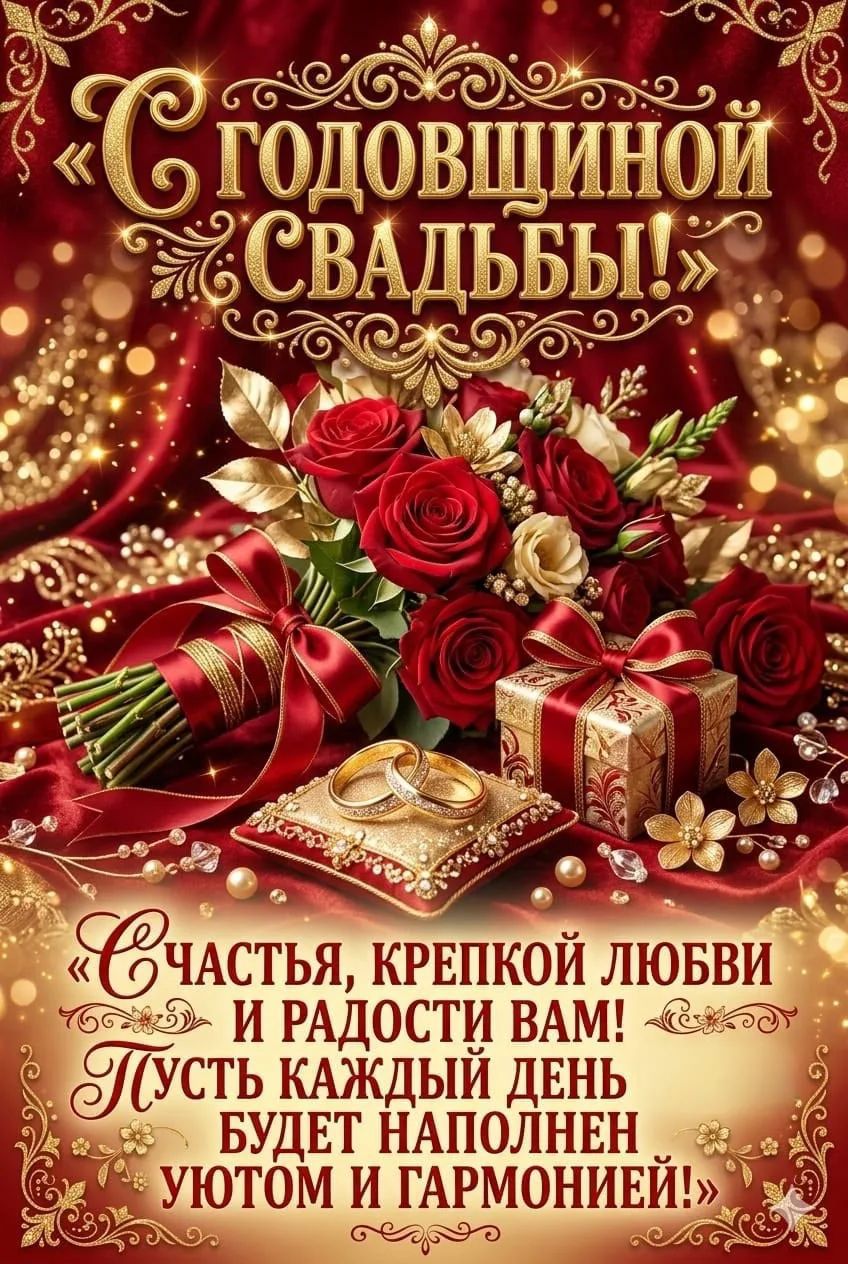 С годовщиной свадьбы! Счастья, крепкой любви и радости вам! Пусть каждый день будет наполнен уютом и гармонией!