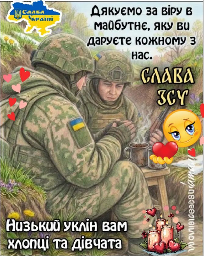 Слава Украине! Спасибо за веру в будущее, которую вы дарите каждому из нас. СЛАВА ВСУ. Низкий поклон вам, ребята и девушки.