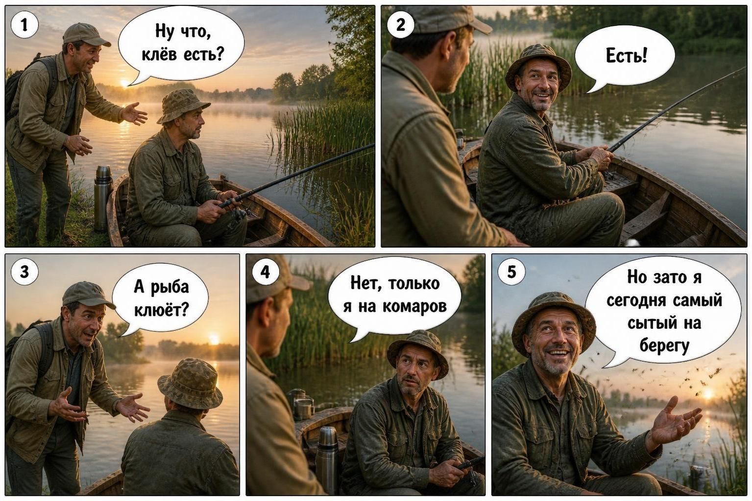 Ну что, клёв есть? Есть! А рыба клюёт? Нет, только я на комаров. Но зато я сегодня самый сытый на берегу