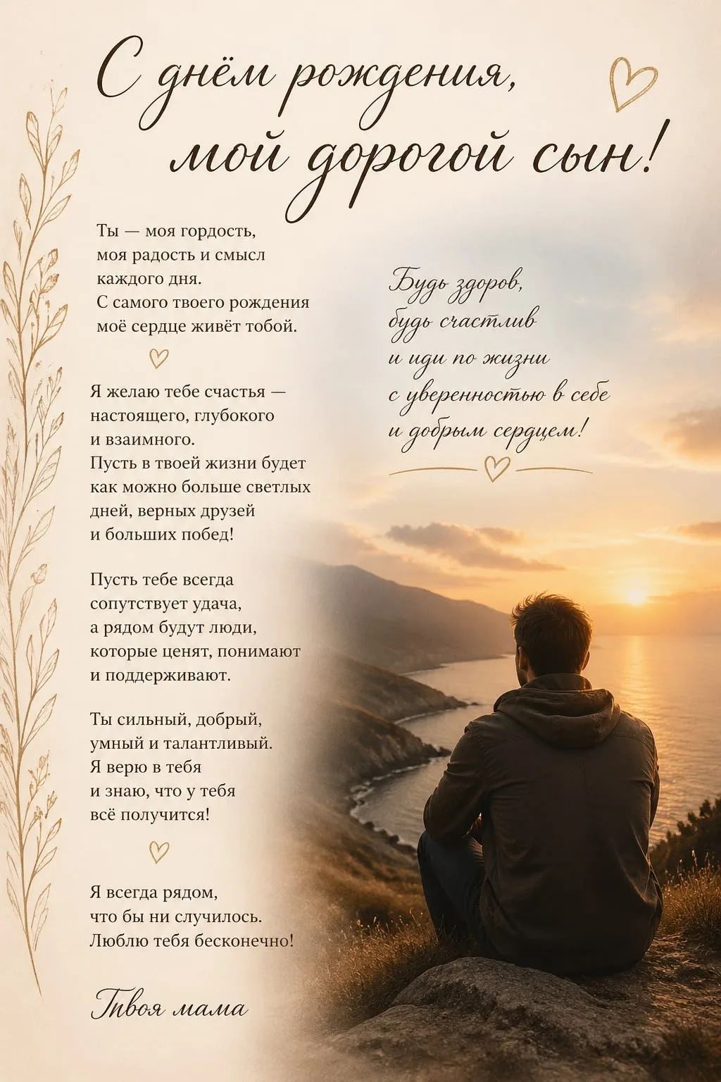 С днём рождения, мой дорогой сын! Ты — моя гордость, моя радость и смысл каждого дня. С самого твоего рождения моё сердце живёт тобой. Я желаю тебе счастья — настоящего, глубокого и взаимного. Пусть в твоей жизни будет как можно больше светлых дней, верных друзей и больших побед! Пусть тебе всегда сопутствует удача, а рядом будут люди, которые