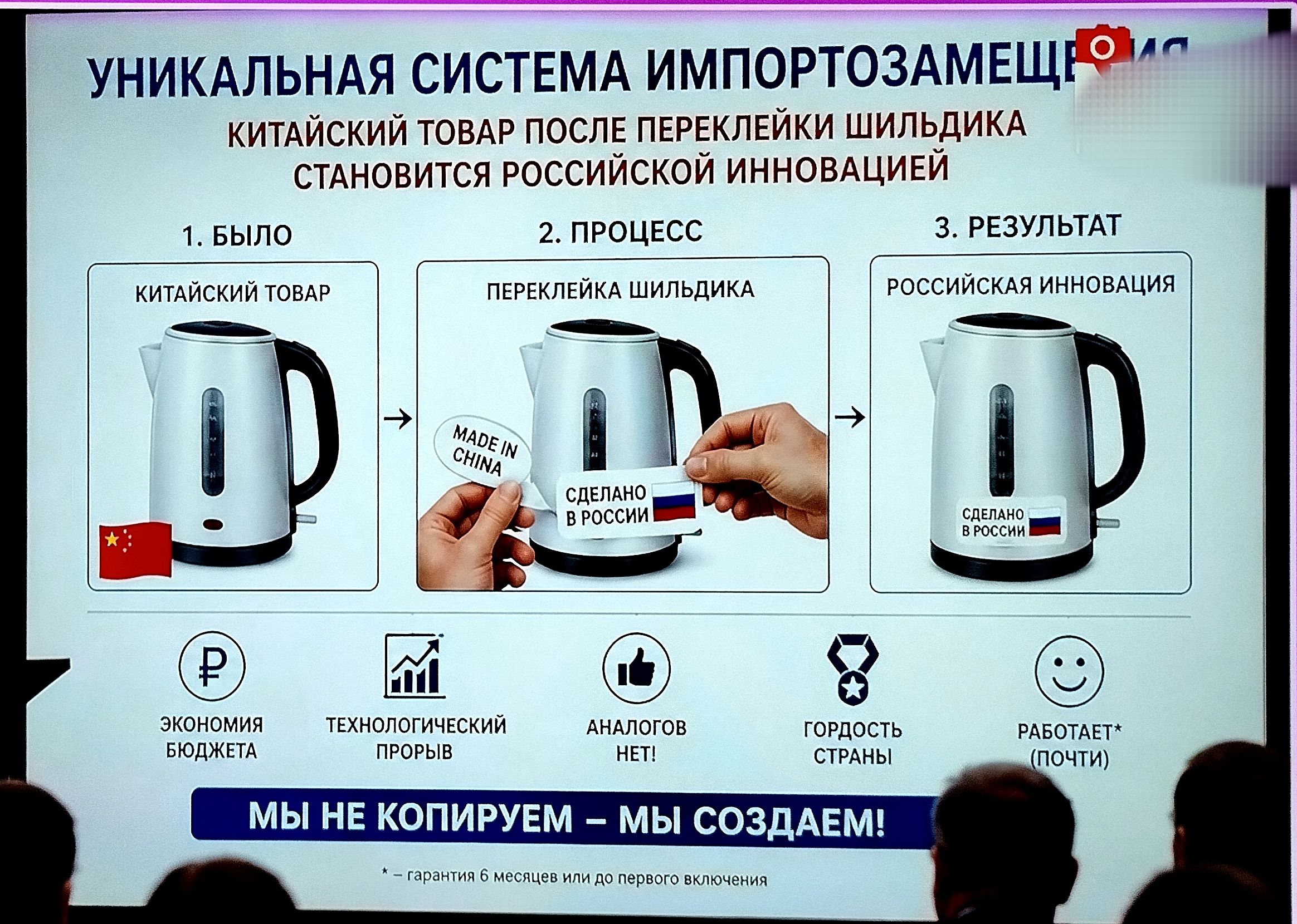 УНИКАЛЬНАЯ СИСТЕМА ИМПОРТОЗАМЕЩЕНИЯ. КИТАЙСКИЙ ТОВАР ПОСЛЕ ПЕРЕКЛЕЙКИ ШИЛЬДИКА СТАНОВИТСЯ РОССИЙСКОЙ ИННОВАЦИЕЙ. 1. БЫЛО: КИТАЙСКИЙ ТОВАР. 2. ПРОЦЕСС: ПЕРЕКЛЕЙКА ШИЛЬДИКА. MADE IN CHINA. СДЕЛАНО В РОССИИ. 3. РЕЗУЛЬТАТ: РОССИЙСКАЯ ИННОВАЦИЯ. СДЕЛАНО В РОССИИ. ЭКОНОМИЯ БЮДЖЕТА. ТЕХНОЛОГИЧЕСКИЙ ПРОРЫВ. АНАЛОГОВ НЕТ! ГОРДОСТЬ СТРАНЫ. РАБОТАЕТ*