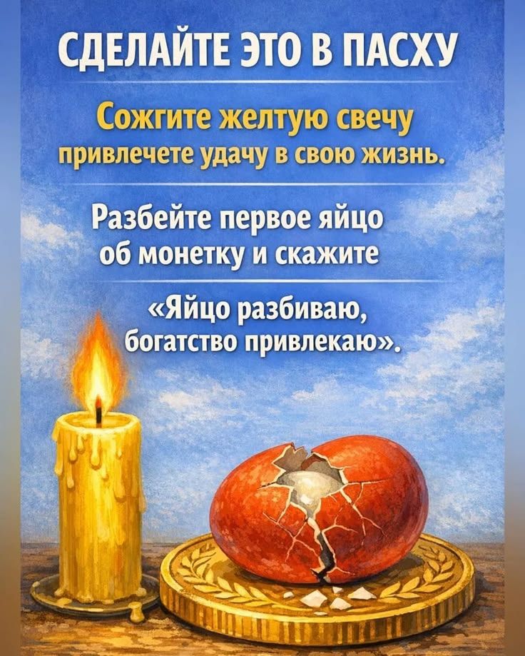 СДЕЛАЙТЕ ЭТО В ПАСХУ Сожгите желтую свечу привлечете удачу в свою жизнь. Разбейте первое яйцо об монетку и скажите «Яйцо разбиваю, богатство привлекаю».