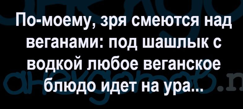 По-моему, зря смеются над веганами: под шашлык с водкой любое веганское блюдо идет на ура...