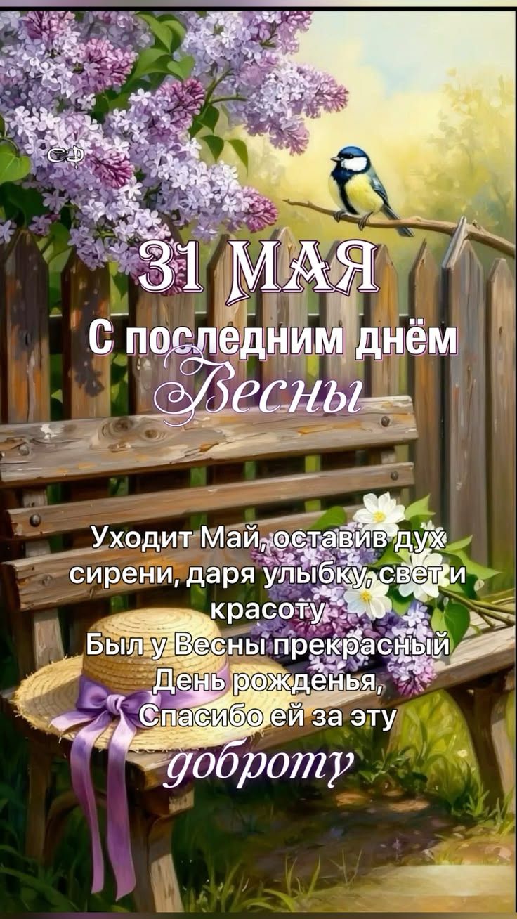 31 МАЯ С последним днём Весны Уходит Май, оставив дух сирени, даря улыбку, свет и красоту. Был у Весны прекрасный День рожденья, Спасибо ей за эту доброту.