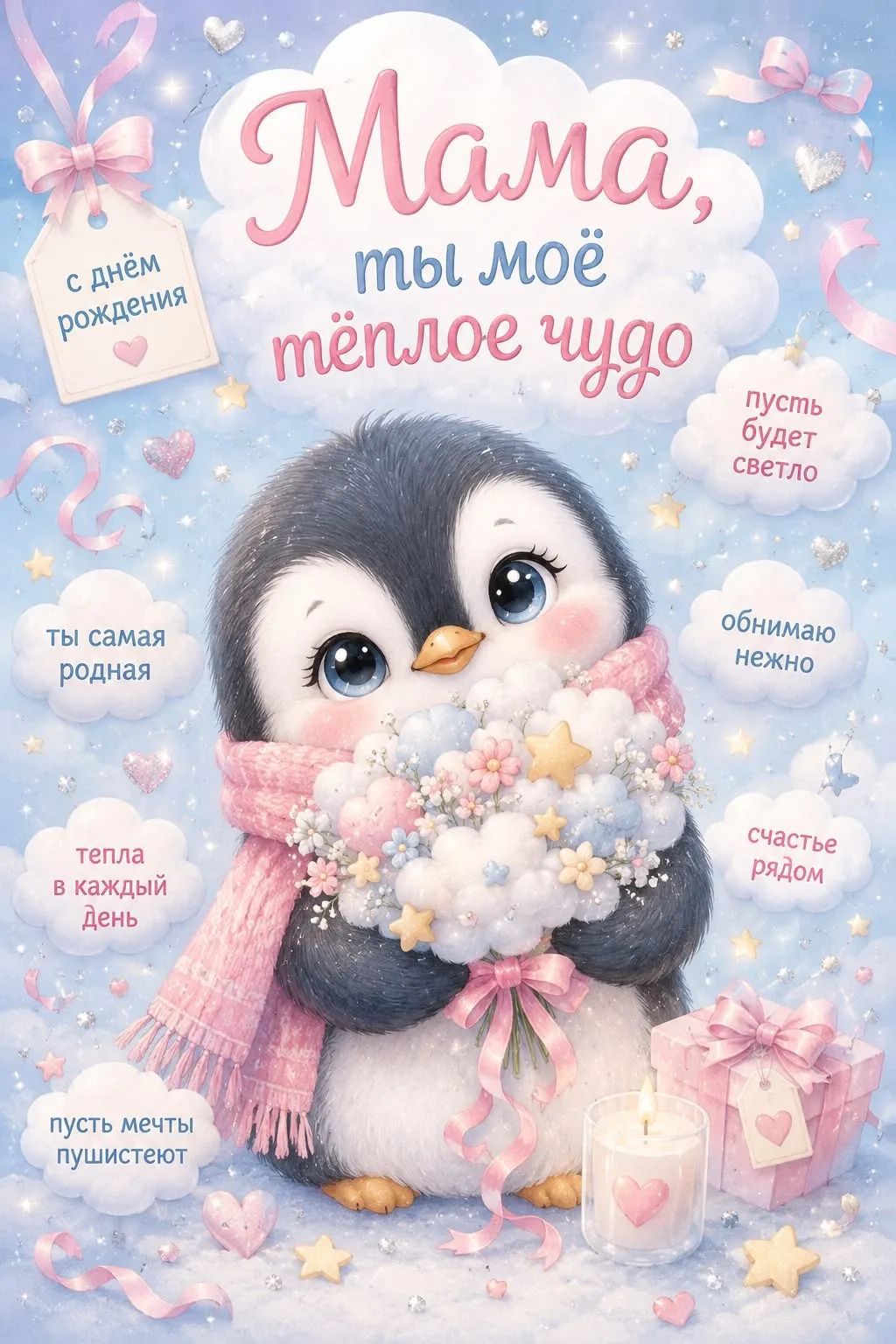 Мама, ты моё тёплое чудо, с днём рождения, пусть будет светло, обнимаю нежно, счастье рядом, ты самая родная, тепла в каждый день, пусть мечты пушистеют