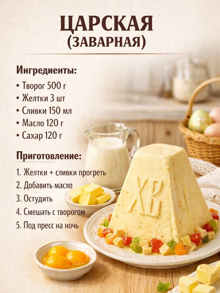 ЦАРСКАЯ (ЗАВАРНАЯ) Ингредиенты: Творог 500 г, Желтки 3 шт, Сливки 150 мл, Масло 120 г, Сахар 120 г. Приготовление: 1. Желтки + сливки прогреть, 2. Добавить масло, 3. Остудить, 4. Смешать с творогом, 5. Под пресс на ночь.
