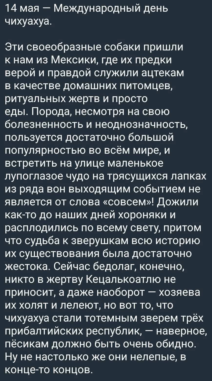 14 мая — Международный день чихуахуа.
Эти своеобразные собаки пришли к нам из Мексики, где их предки верой и правдой служили ацтекам в качестве домашних питомцев, ритуальных жертв и просто еды. Порода, несмотря на свою болезненность и неоднозначность, пользуется достаточно большой популярностью во всём мире, и встретить на улице маленькое