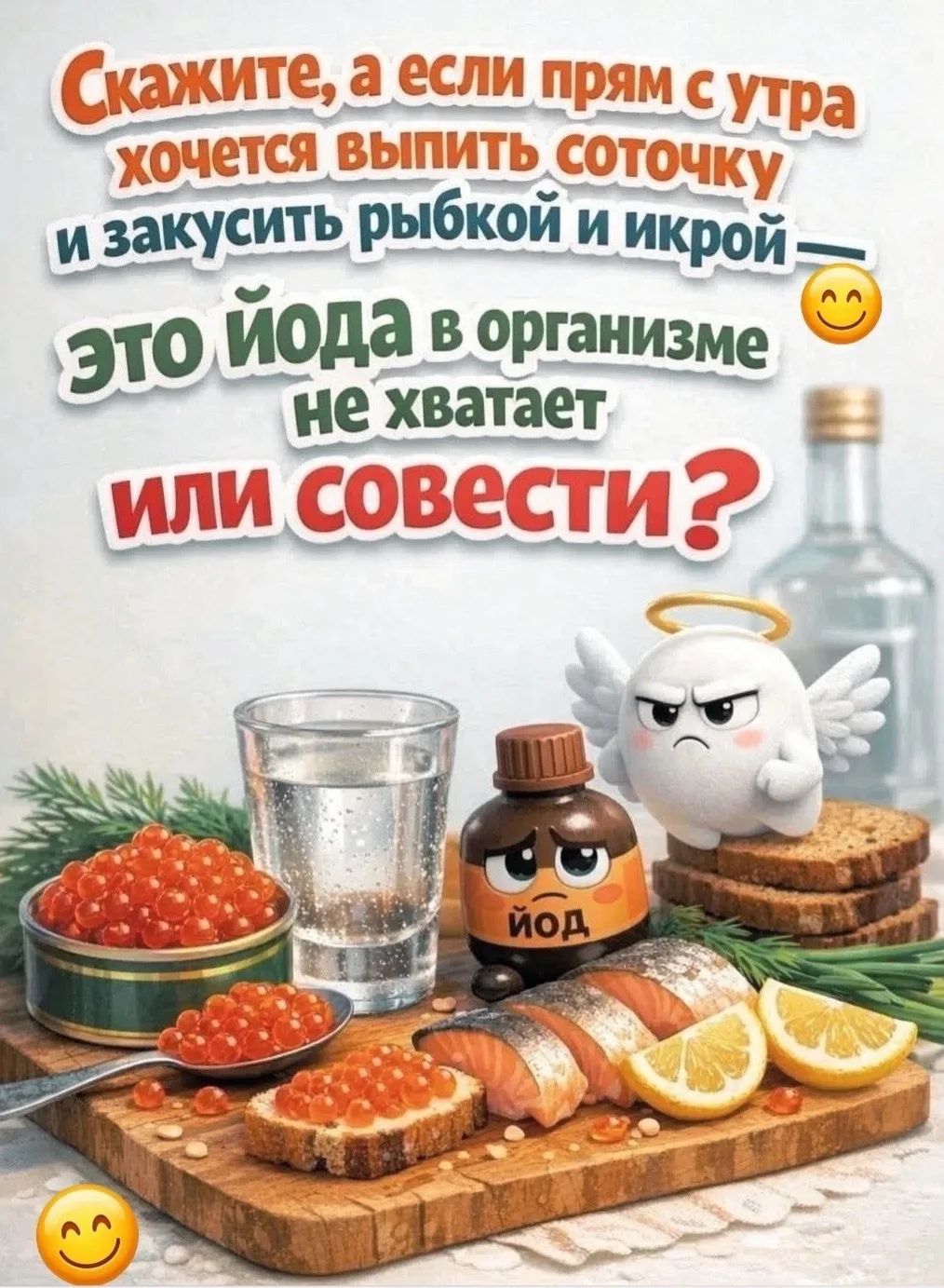 Скажите, а если прям с утра хочется выпить соточку и закусить рыбкой и икрой - это йода в организме не хватает или совести?