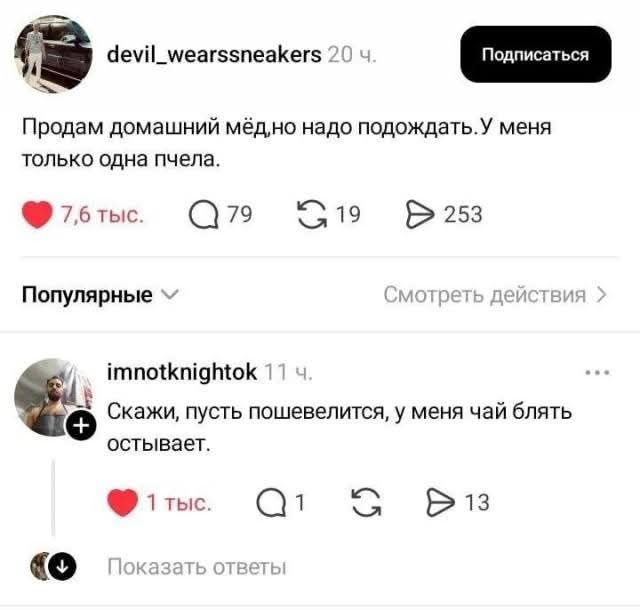 Продам домашний мёд, но надо подождать. У меня только одна пчела. Скажи, пусть пошевелится, у меня чай блять остывает.