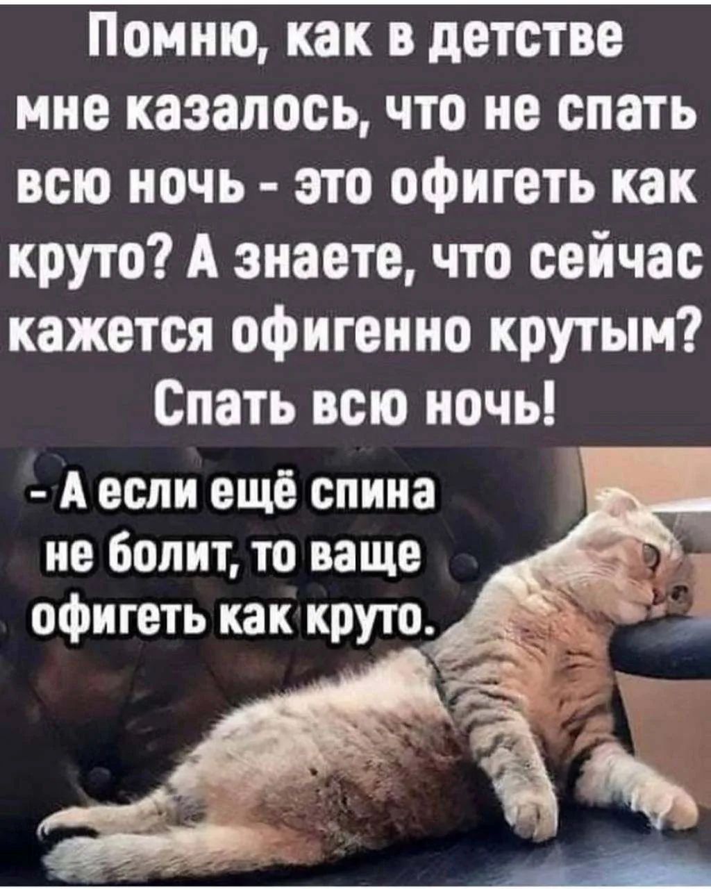 Помню, как в детстве мне казалось, что не спать всю ночь - это офигеть как круто? А знаете, что сейчас кажется офигенно крутым? Спать всю ночь! - А если ещё спина не болит, то ваще офигеть как круто.