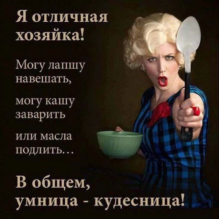 Я отличная хозяйка! Могу лапшу навешать, могу кашу заварить или масла подлить... В общем, умница - кудесница!