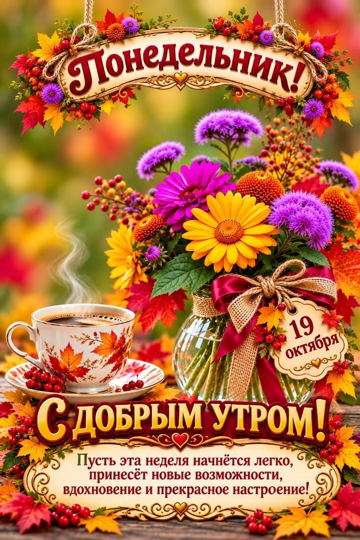 Понедельник! 19 октября. С добрым утром! Пусть эта неделя начнётся легко, принесёт новые возможности, вдохновение и прекрасное настроение!