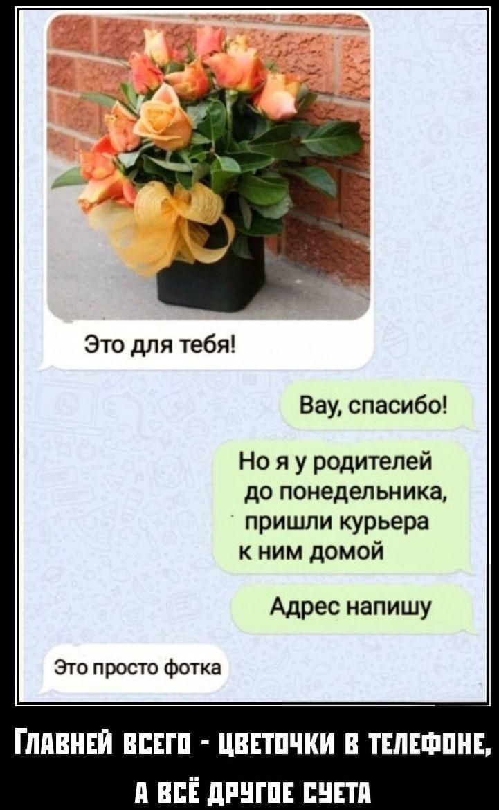 Это для тебя! Вау, спасибо! Но я у родителей до понедельника, пришли курьера к ним домой. Адрес напишу. Это просто фотка. ГЛАВНЕЙ ВСЕГО - ЦВЕТОЧКИ В ТЕЛЕФОНЕ, А ВСЁ ДРУГОЕ СУЕТА