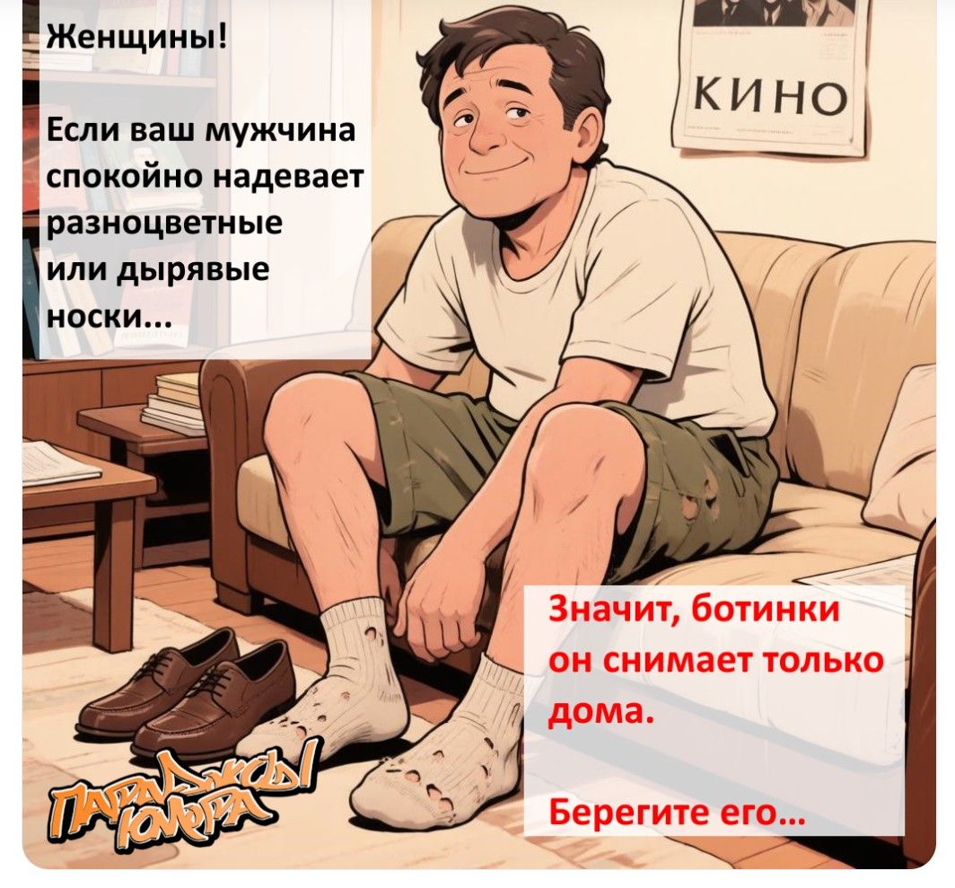 Женщины! Если ваш мужчина спокойно надевает разноцветные или дырявые носки... Значит, ботинки он снимает только дома. Берегите его... КИНО ПАРАДОКСЫ ЮМОРА