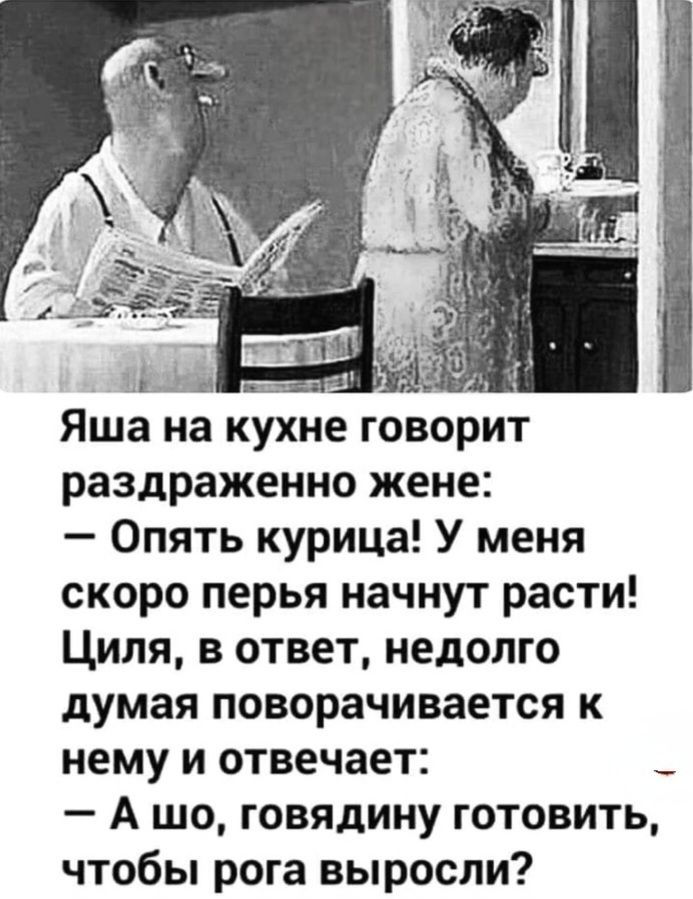 Яша на кухне говорит раздраженно жене: – Опять курица! У меня скоро перья начнут расти! Циля, в ответ, недолго думая поворачивается к нему и отвечает: – А шо, говядину готовить, чтобы рога выросли?