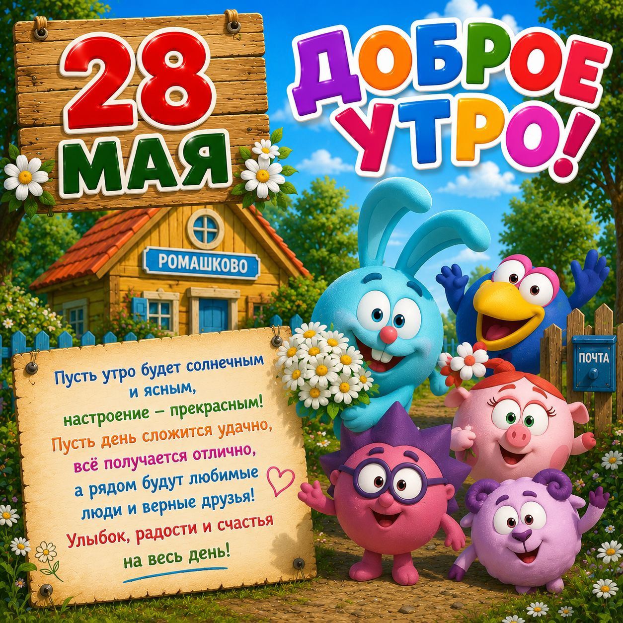28 МАЯ ДОБРОЕ УТРО! РОМАШКОВО ПОЧТА Пусть утро будет солнечным и ясным, настроение – прекрасным! Пусть день сложится удачно, всё получается отлично, а рядом будут любимые люди и верные друзья! Улыбок, радости и счастья на весь день!