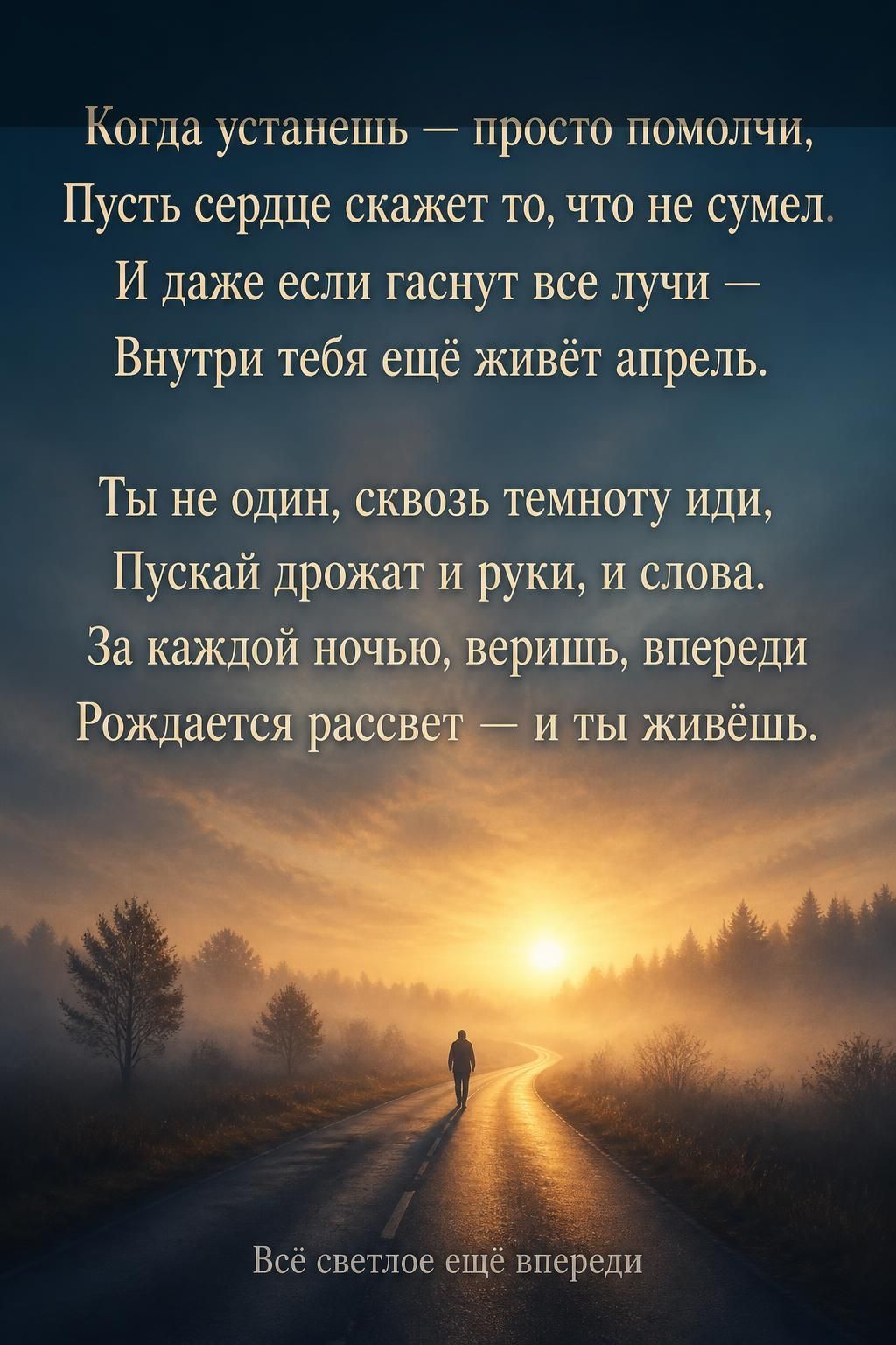 Когда устанешь — просто помолчи, Пусть сердце скажет то, что не сумел. И даже если гаснут все лучи — Внутри тебя ещё живёт апрель. Ты не один, сквозь темноту иди, Пускай дрожат и руки, и слова. За каждой ночью, веришь, впереди Рождается рассвет — и ты живёшь. Всё светлое ещё впереди