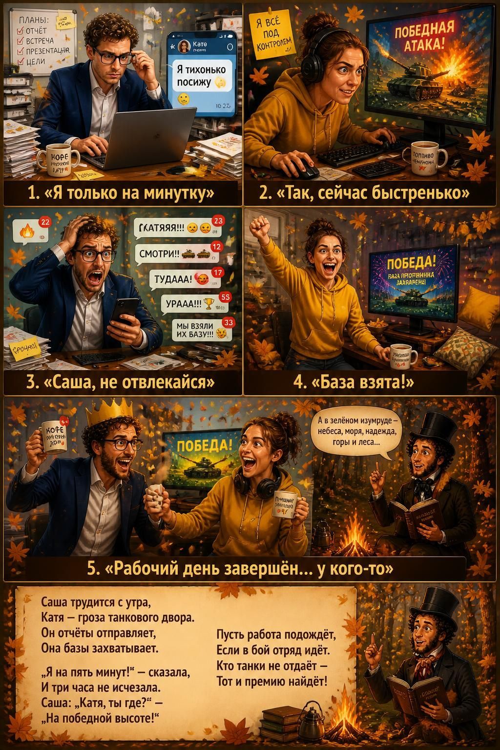 Планы: отчет, встреча, презентация, цели. 1. Я только на минутку. Я тихонько посижу. 2. Так, сейчас быстренько. Я всё под контролем. Победная атака! 3. Саша, не отвлекайся. Гкатяяя! Смотри! Тудаа! Урааа! Мы взяли их базу! 4. База взята! Победа! 5. Рабочий день завершен... у кого-то. Саша трудится с утра, Катя - гроза танкового двора. Он отчеты