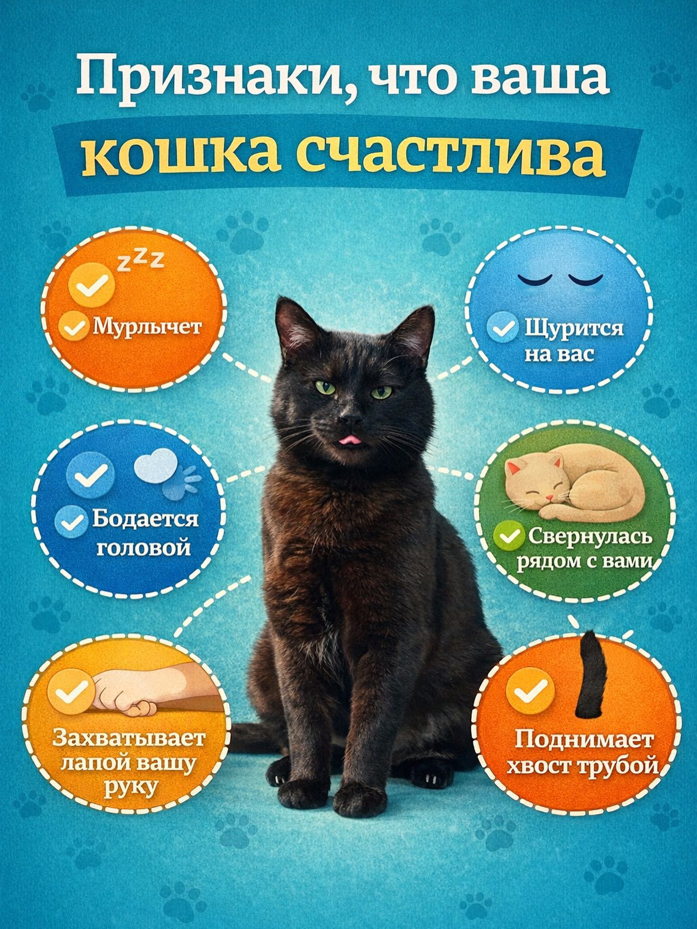 Признаки, что ваша кошка счастлива. Мурлычет. Бодается головой. Захватывает лапой вашу руку. Щурится на вас. Свернулась рядом с вами. Поднимает хвост трубой.