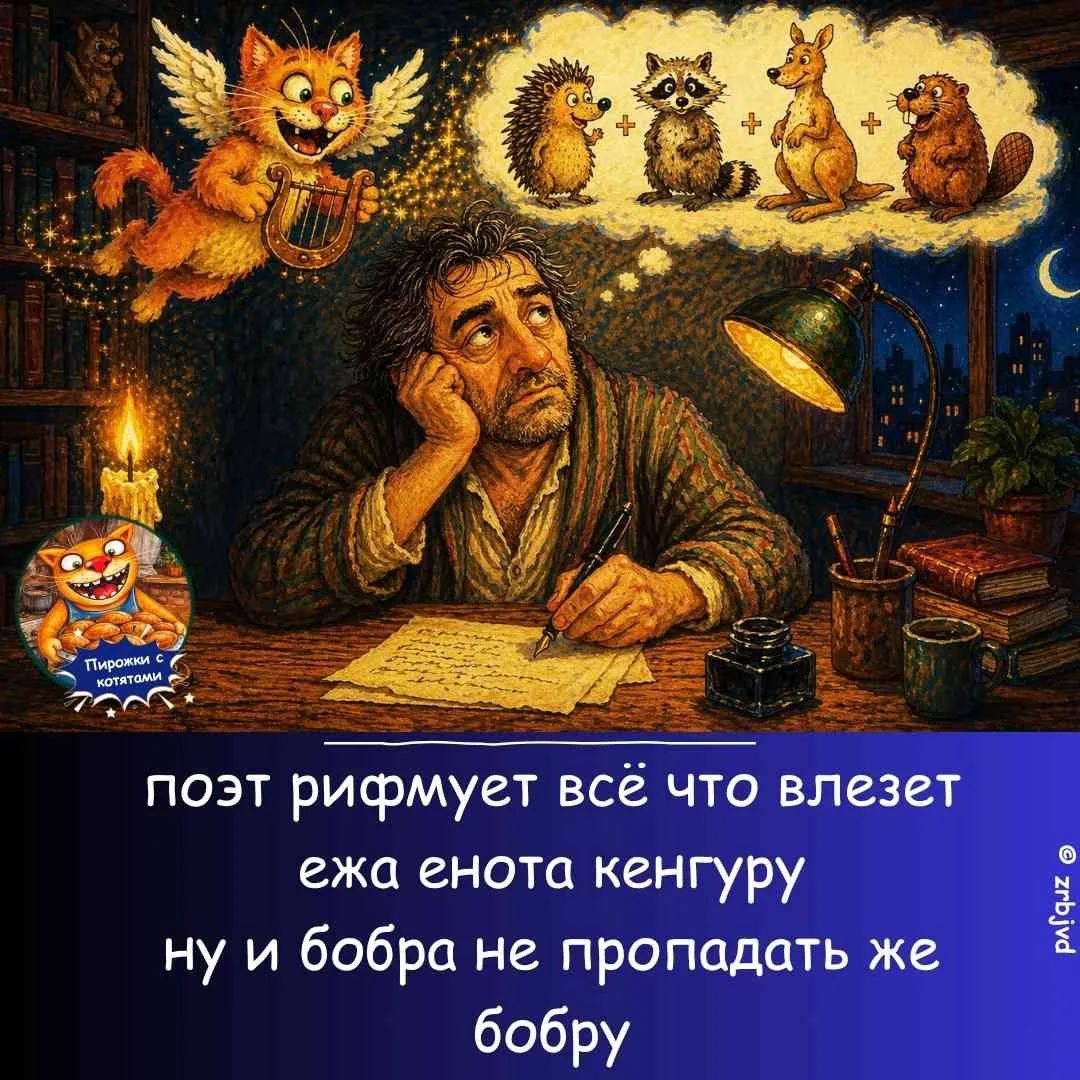 поэт рифмует всё что влезет ежа енота кенгуру ну и бобра не пропадать же бобру Пирожки с котятами