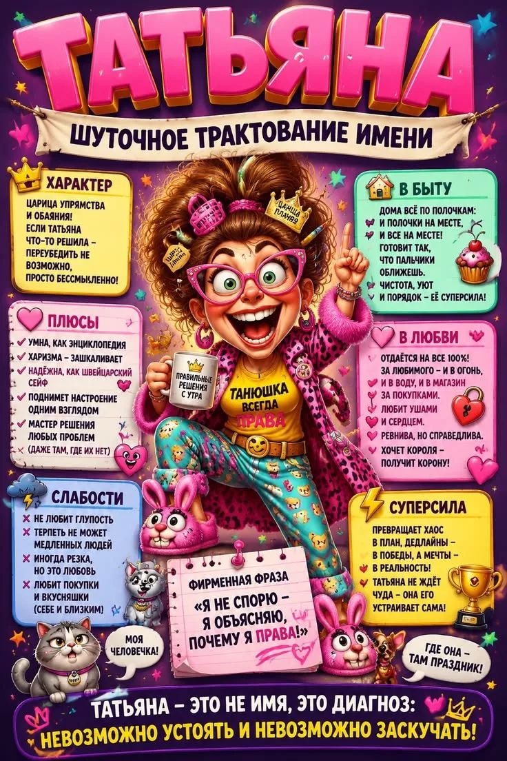 ТАТЬЯНА. Шуточное трактование имени. Характер, плюсы, слабости, в быту, в любви, суперсила, фирменная фраза: Я не спорю - я объясняю, почему я права!
