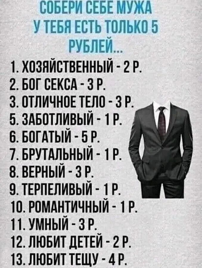 Собери себе мужа. У тебя есть только 5 рублей... 1. Хозяйственный - 2 р. 2. Бог секса - 3 р. 3. Отличное тело - 3 р. 5. Заботливый - 1 р. 6. Богатый - 5 р. 7. Брутальный - 1 р. 8. Верный - 3 р. 9. Терпеливый - 1 р. 10. Романтичный - 1 р. 11. Умный - 3 р. 12. Любит детей - 2 р. 13. Любит тещу - 4 р.