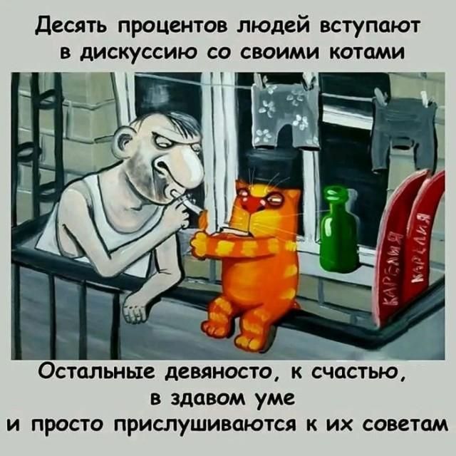 Десять процентов людей вступают в дискуссию со своими котами. Остальные девяносто, к счастью, в здравом уме и просто прислушиваются к их советам.