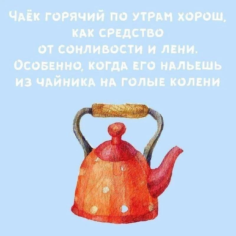 Чаёк горячий по утрам хорош, как средство от сонливости и лени. Особенно, когда его нальёшь из чайника на голые колени