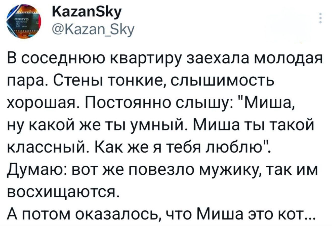 KazanSky @Kazan_Sky В соседнюю квартиру заехала молодая пара. Стены тонкие, слышимость хорошая. Постоянно слышу: 